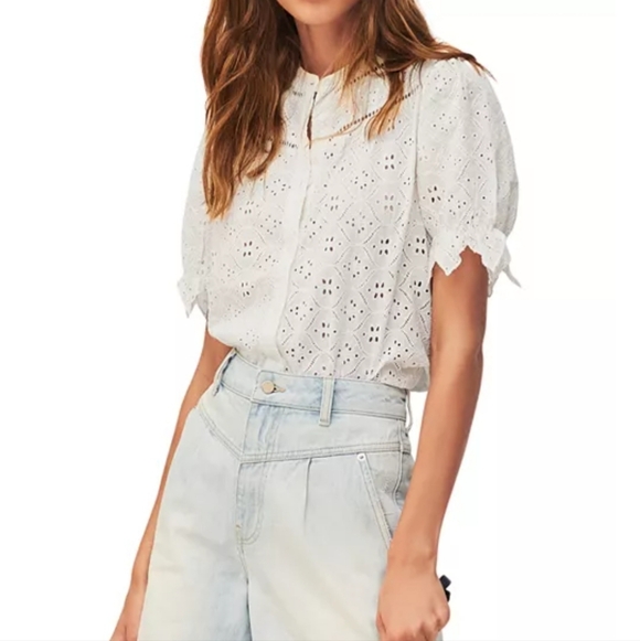 ba&sh Tops - Ba&sh Birkin Cotton Eyelet Short Sleeve Blouse, M, Ecru/soft white, French chic
